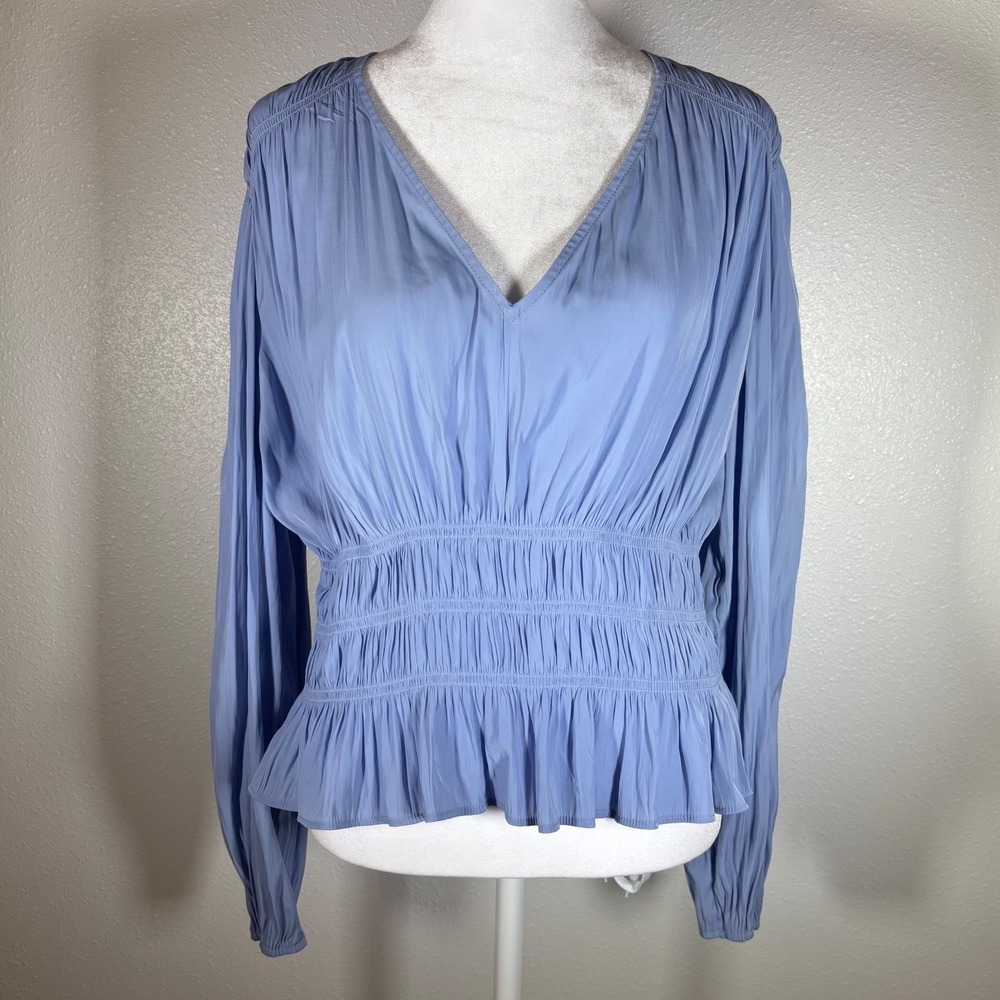 Blue Smocked Waist V-Neck Peplum Blouse Long Sleeve Fairycore Office Work NWT
